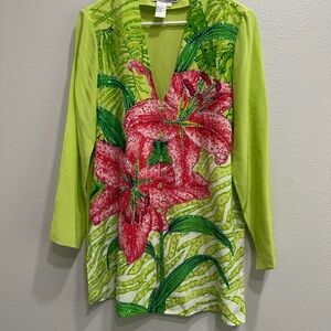Diane Gilman silk sequin floral blouse,green,vacation,resort,artsy,colorful